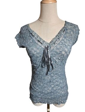 Merona Vintage Y2K Delicate Lace V-Neck Fairy Top in Dusty Blue